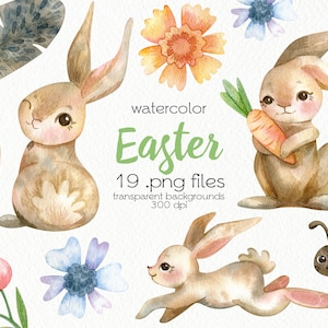 Watercolor Easter Bunny Clipart / Spring Flowers / Gardening / PNG Files / Instant Download