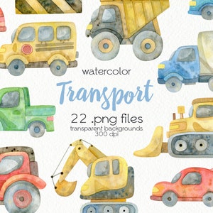 Watercolor Transport Clipart / Cars Clipart / Cartoon Boy Clipart / Construction Machinery / Digital PNG Files / Instant Download