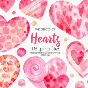 Watercolor Hearts Clipart / Hand Painted Pink Hearts / Valentines Day Graphics / PNG Files / Instant Download