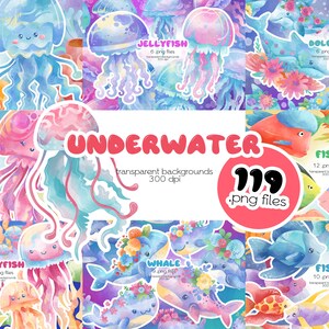 Onderwater clipartbundel / kwallen, walvissen, dolfijnen, tropische vissen / png-bestanden / direct downloaden
