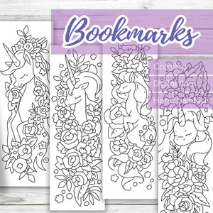 May include: Set of five printable bookmarks featuring black and white line drawings of unicorns with floral designs. The bookmarks are ready to be colored.