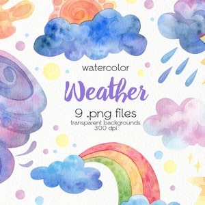 Watercolor Weather Clipart / Synoptic / Clouds, Rainbow, Tornado / PNG Files / Instant Download