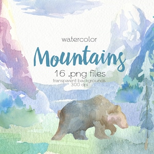 Watercolor Mountains Clipart / Forest Clipart / Spruce / Bear / PNG Files / Instant Download