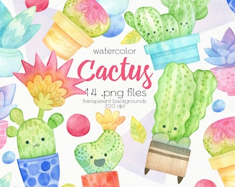 Watercolor Cactus Clipart / Cute Succulents / PNG Files / Instant Download