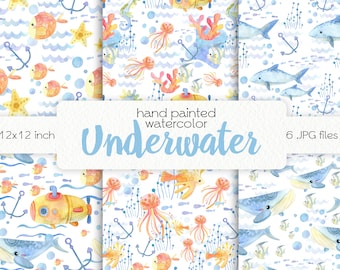 Watercolor Underwater Digital Paper / Sea Creatures Scrapbook Paper / Seamless Patterns / Digital Files / Instant Download