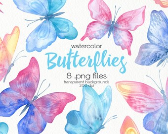 Watercolor Butterfly Clipart / Pink, Blue, Purple Butterflies / PNG Files / Instant Download
