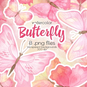 Clipart de borboleta aquarela / Borboletas rosa / Arquivos PNG / Download instantâneo