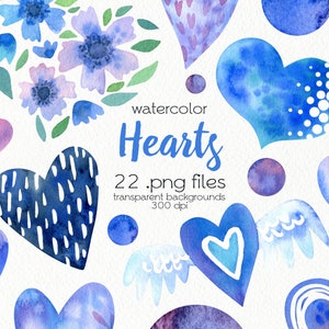 Watercolor Hearts Clipart / Valentines Day / Blue Love / PNG Files / Instant Download