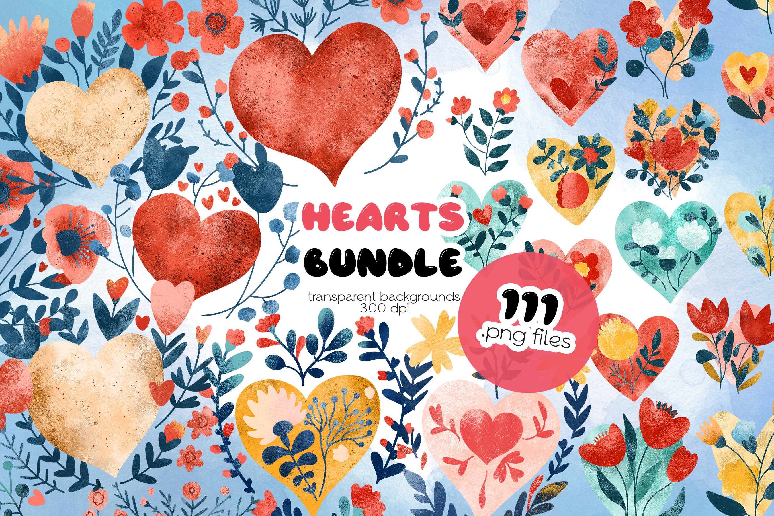 Heart Clipart Bundle PNG, Valentine Floral Love Graphics, Watercolor ...