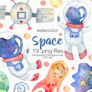 Watercolor Space Clipart / Galaxy, Astronaut, Alien, Rocket Ship, Planets / PNG Files / Instant Download