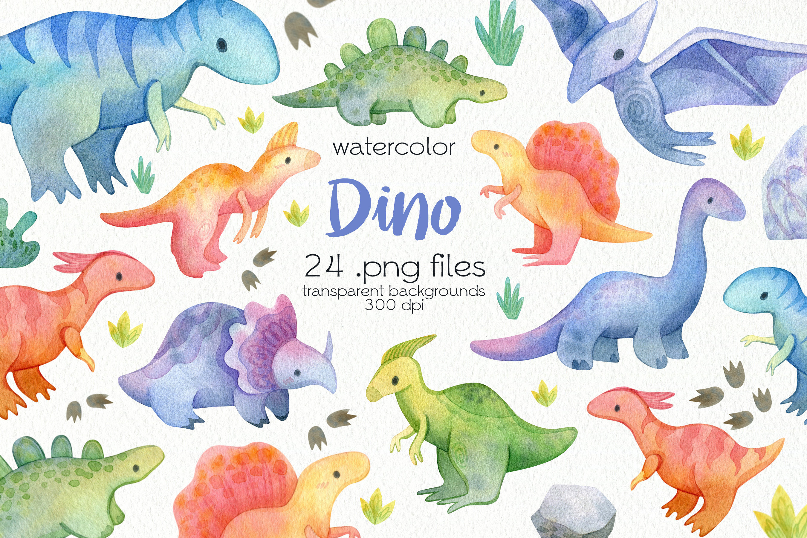 Watercolor Dinosaurs Clipart / Jurassic Clipart / PNG Files / Instant ...