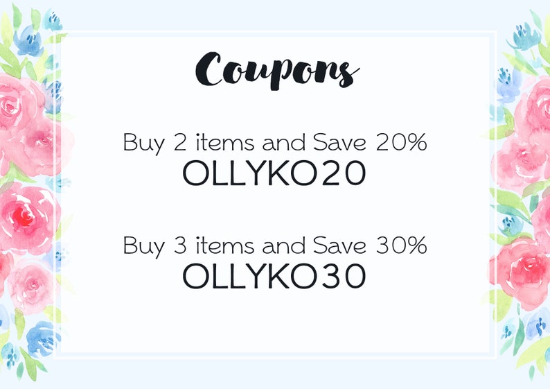 K&ouml;nnte beinhalten: Eine wei&szlig;e Karte mit einem floralen Rand und dem Text "Coupons" in Schwarz. Die Karte listet zwei Coupons auf: "Kaufe 2 Artikel und spare 20% OLLYKO20" und "Kaufe 3 Artikel und spare 30% OLLYKO30".