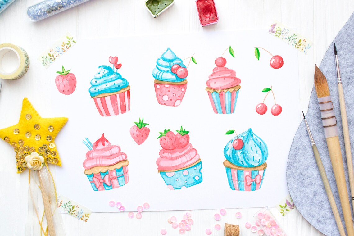 Watercolor Cupcakes Clipart / Sweet Desserts / Kitchen Art / Birthday ...