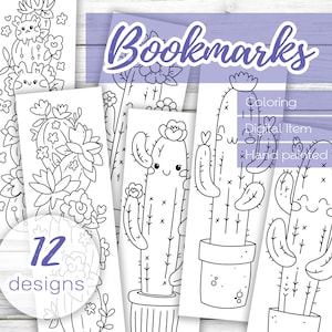 May include: A set of 12 black and white printable bookmark designs featuring cute cactus illustrations. The bookmarks are ready to be colored in. The text "Bookmarks", "Coloring", "Digital Item", and "Hand painted" is included in the image.