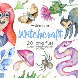 Aquarelle Witchcraft Clipart / Fournitures de sorcier / Witchy Scrapbooking / Joyeux Halloween / Fichiers PNG numériques / Téléchargement instantané