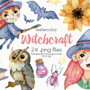 Aquarelle Witchcraft Clipart / Fournitures de sorcier / Joyeux Halloween / Vacances d’automne / Fichiers PNG numériques / Téléchargement instantané