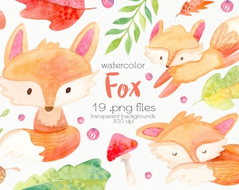 Watercolor Fox Clipart / Animales del bosque / Otoño en el bosque / Archivos PNG / Descarga instantánea