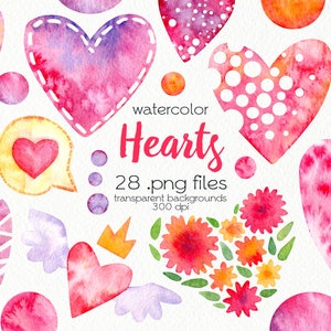Watercolor Hearts Clipart / Valentines Day / Pink Love / PNG Files / Instant Download