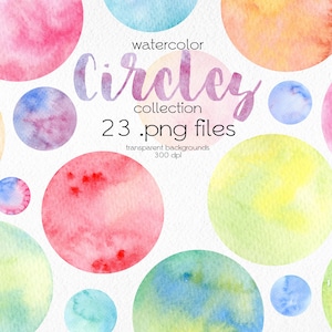 May include: A collection of 23 watercolour circles in various pastel colours, including pink, blue, yellow, and green. The circles are on a white background and have a slightly textured look. The text "watercolor Circle collection 23 .png files transparent backgrounds 300 dpi" is written in black below the circles.