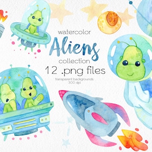 Aquarel Space Clip Art / Aliens, Ruimteschepen, Sterrenbeelden, Sterren, Planeten / Digitale PNG-bestanden / Instant Download