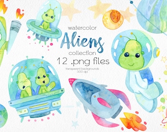 Acuarela Espacio Clip Art / Extraterrestres, Naves Espaciales, Constelaciones, Estrellas, Planetas / Archivos PNG Digitales / Descarga Instantánea