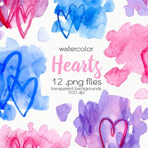 Watercolor Hearts Clipart / Valentines Day / Spots, Splash / PNG Files / Instant Download