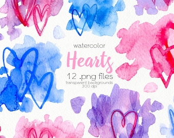 Clipart de corações em aquarela / Dia dos Namorados / Spots, Splash / Arquivos PNG / Download instantâneo