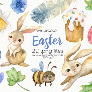 Watercolor Easter Bunny Clipart / Spring Flowers / Gardening / PNG Files / Instant Download