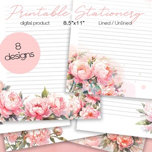 Papelaria Floral Imprimível com Peônias / Papel para Escrita de Cartas Digitais / Download Instantâneo