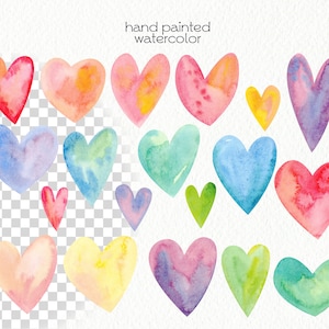 K&ouml;nnte beinhalten: Eine Sammlung von 18 handgemalten Aquarellherzen in verschiedenen Farben, darunter Rot, Rosa, Gelb, Blau, Gr&uuml;n und Lila. Die Herzen sind in einem zuf&auml;lligen Muster auf einem wei&szlig;en Hintergrund angeordnet.