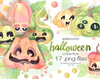 Watercolor Halloween Clipart / Cute Jack o Lantern / Fall Leaf, Pumpkins Clipart / Digital PNG Files / Instant Download
