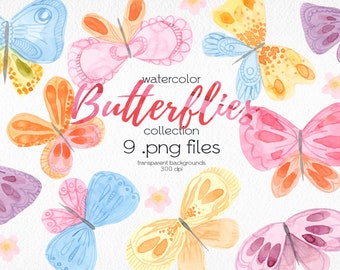 Watercolor Multicolor Butterflies Clipart / Hand Painted Butterfly / Summer Stickers / Digital PNG Files / Instant Download