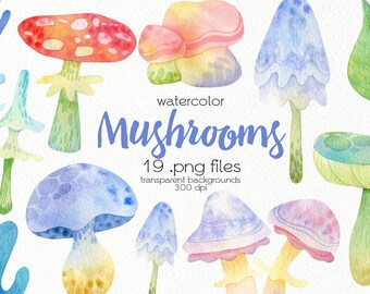 Acuarela Setas Clipart / Fantasía Setas / Bosque Clipart / Archivos PNG / Descarga Instantánea
