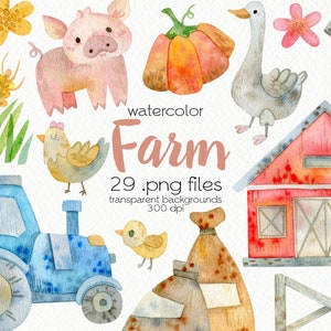 Könnte beinhalten: Aquarell-Illustrationen von Nutztieren, einem Traktor, einem Bauernhaus, einer Windmühle, einem Kürbis und einem Sack Getreide. Der Text "watercolor Farm 29 .png files transparent backgrounds 300 dpi" ist im Bild enthalten.