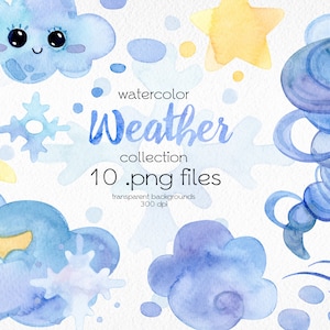 Imágenes prediseñadas del tiempo de la acuarela / Copos de nieve de la luna de dibujos animados estrellas nubes viento tornado / archivos PNG digitales / descarga instantánea