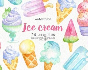 Watercolor Ice Cream Clipart / Summer Sweet Food / Digital PNG Files / Instant Download