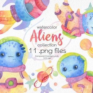 Cute Alien in Space / Watercolor Clip Art / Planets, Stars, Aliens, Spaceships / Digital PNG Files / Instant Download