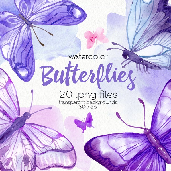 Watercolor Purple Butterflies Clipart / Hand Painted Butterfly / Digital PNG Files / Instant Download