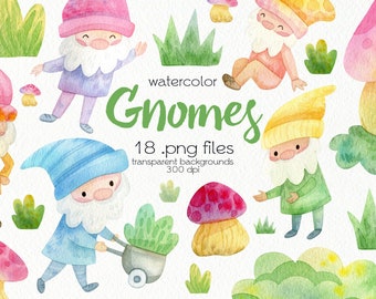 Watercolor Garden Gnomes Clipart / Spring Garden Clipart / PNG Files / Instant Download