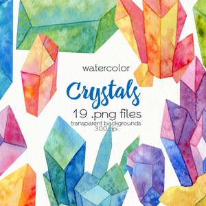 Watercolor Crystals Clipart / Watercolor Gemstone Mineral / Digital PNG Files / Instant Download