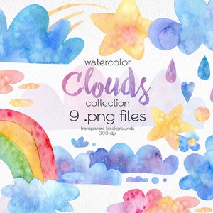 Clipart de clima em aquarela / Arco-íris fofo, nuvens, estrelas / Arquivos PNG digitais / Download instantâneo