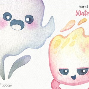 May include: Watercolor illustration of two cartoon characters. One is a white ghost with pink cheeks and blue eyes. The other is a pink and yellow creature with a grumpy expression. The words "hand painted Watercolor" are in the top right corner.