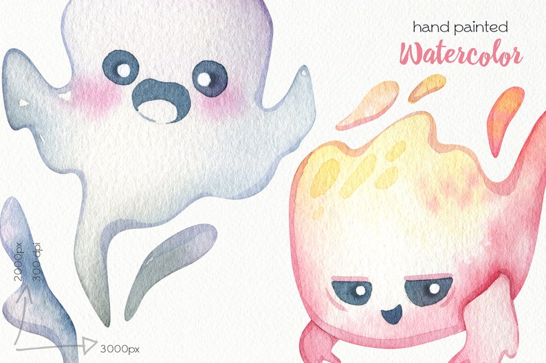 May include: Watercolor illustration of two cartoon characters. One is a white ghost with pink cheeks and blue eyes. The other is a pink and yellow creature with a grumpy expression. The words "hand painted Watercolor" are in the top right corner.