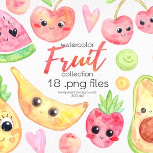 Cute Watercolor Fruit Clipart / Tropical Fruit Clipart / Watermelon, Pineapple, Strawberry, Avocado / Digital PNG Files / Instant Download
