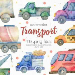 Watercolor Transport Clipart / Cartoon Cars / Nursery Art /Digital PNG Files / Instant Download