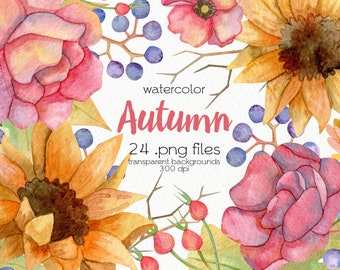 Watercolor Autumn Flowers Clipart / Autumn Harvest / Fallen Leaves / Sunflower / Digital PNG Files / Instant Download