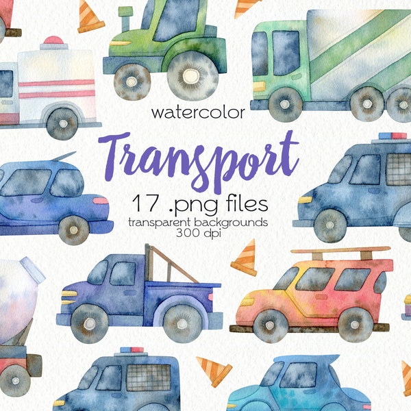 Watercolor Transport Clipart / Cartoon Cars / Digital PNG Files / Instant Download