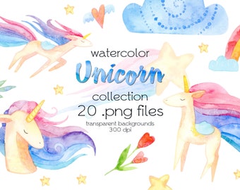 Watercolor Unicorn Clipart / Magical Unicorns Clip art / Rainbow Clipart / Watercolor Illustrations / Cute Unicorn Digital PNG Files