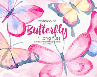 Watercolor Pink Butterflies Clipart / PNG Files / Instant Download