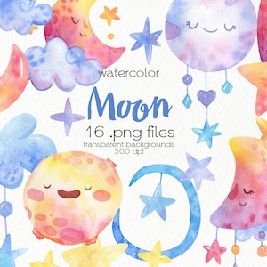 Watercolor Moon Clipart / Good Night Clipart / PNG Files / Instant Download